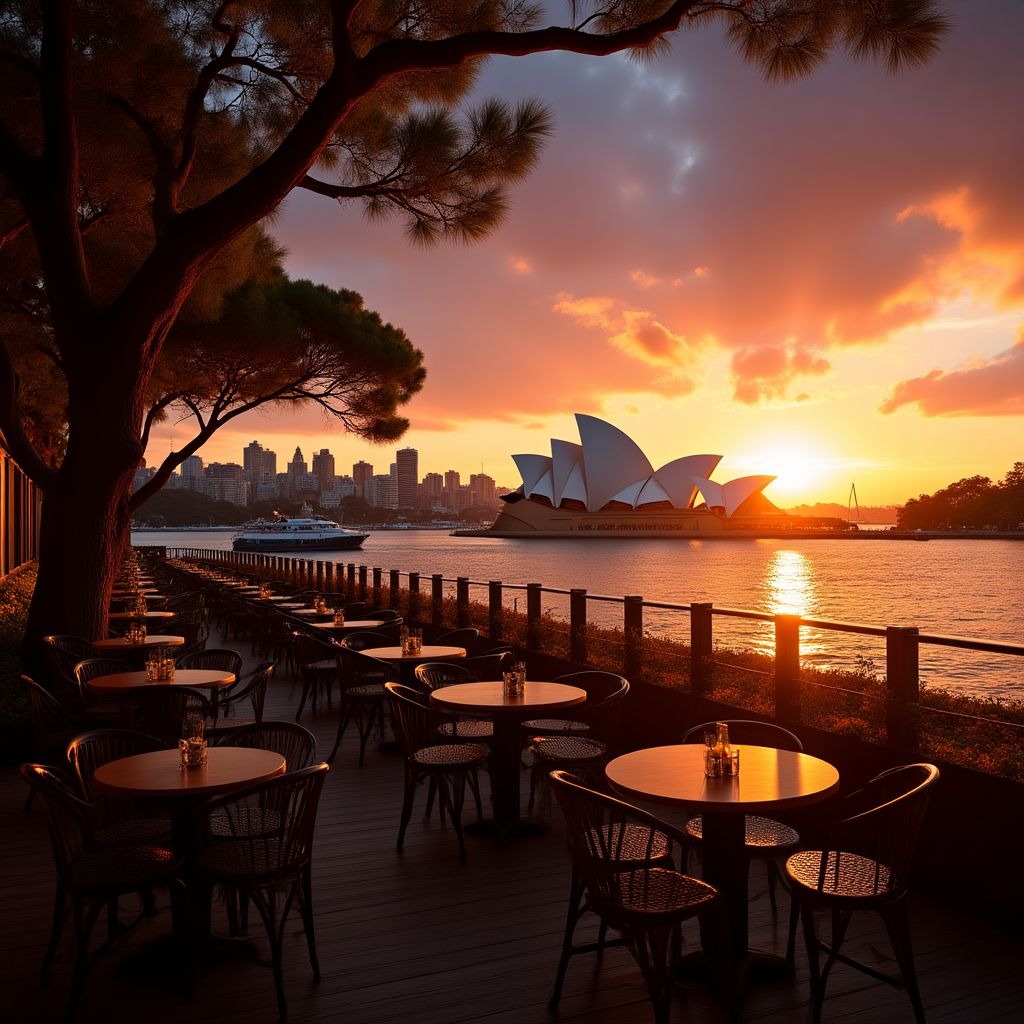 Sydney harbor cafe at sunset